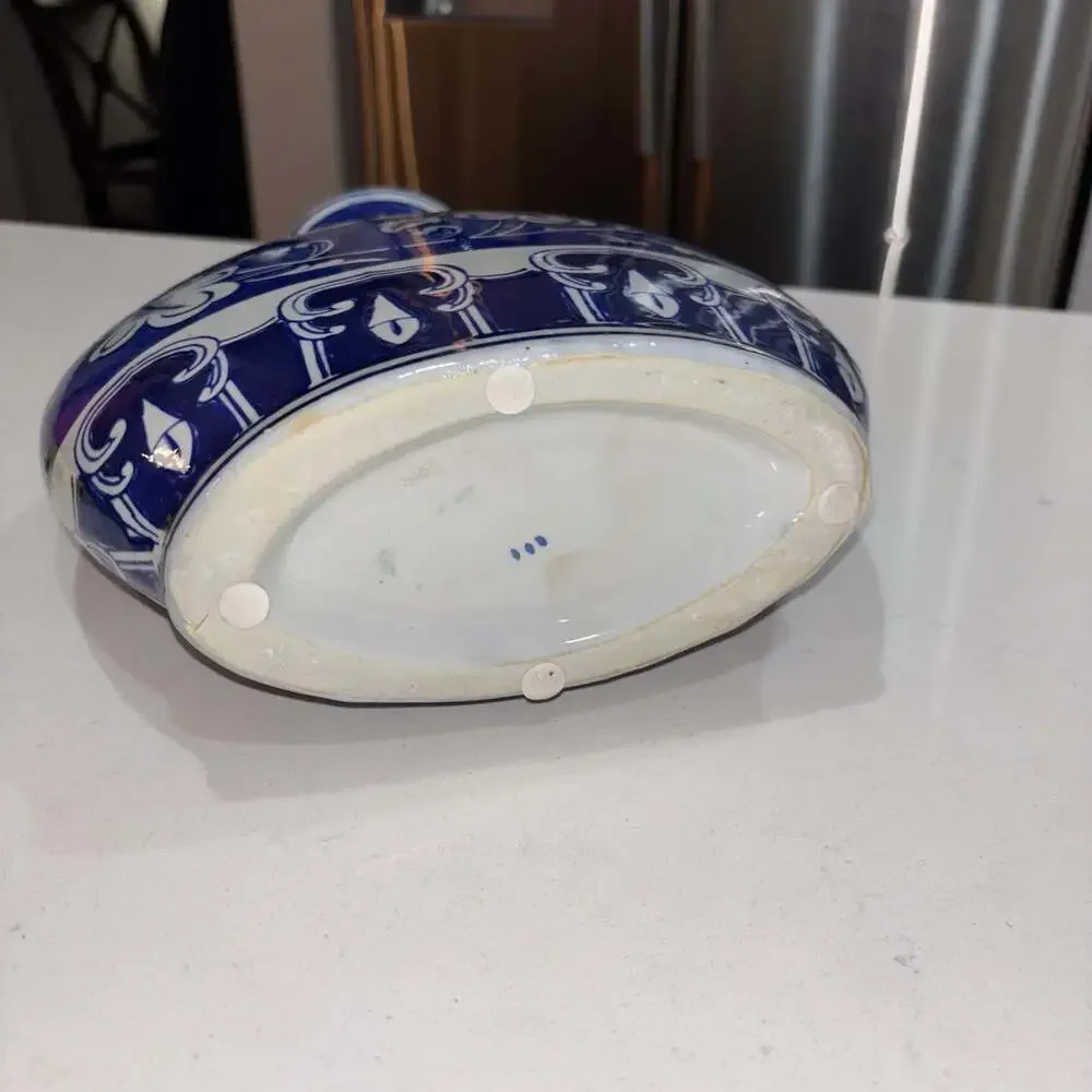 Blue and White Chinoiserie Floral Flat Ceramic Vase